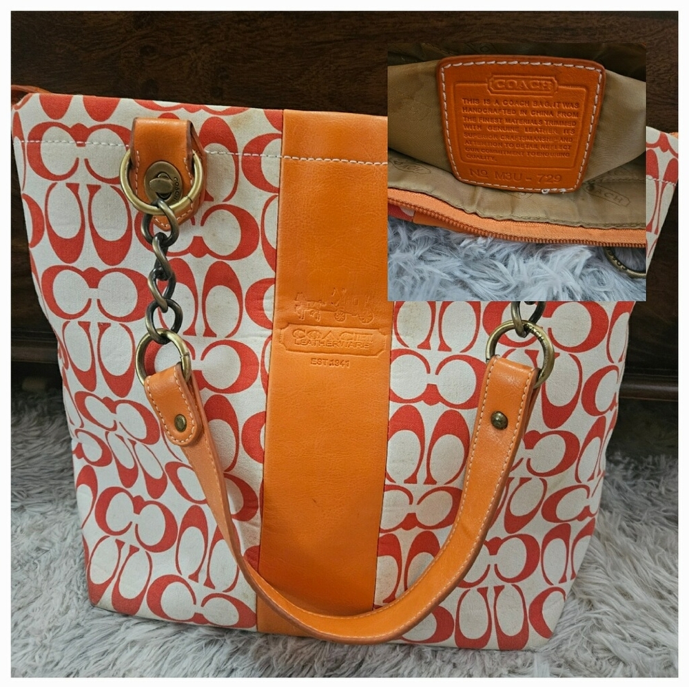 COACH Vintage Orange and Cream Canvas Large Tote